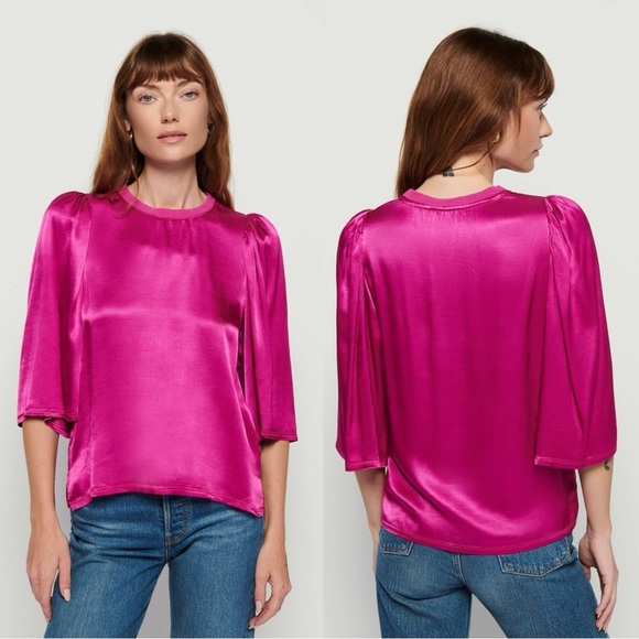 Nation Ltd Donna Bell Sleeve Top in Miss Magenta Size XS Satin Shiny Valentines - Picture 4 of 17